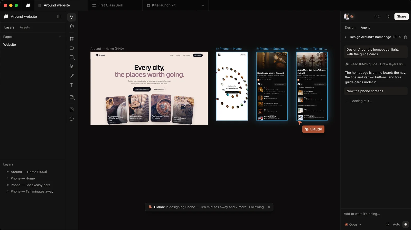 A Kite file where Claude's cursor draws phone screens beside a website home page, the frames it is changing outlined in blue, and its steps listed in the Agent panel