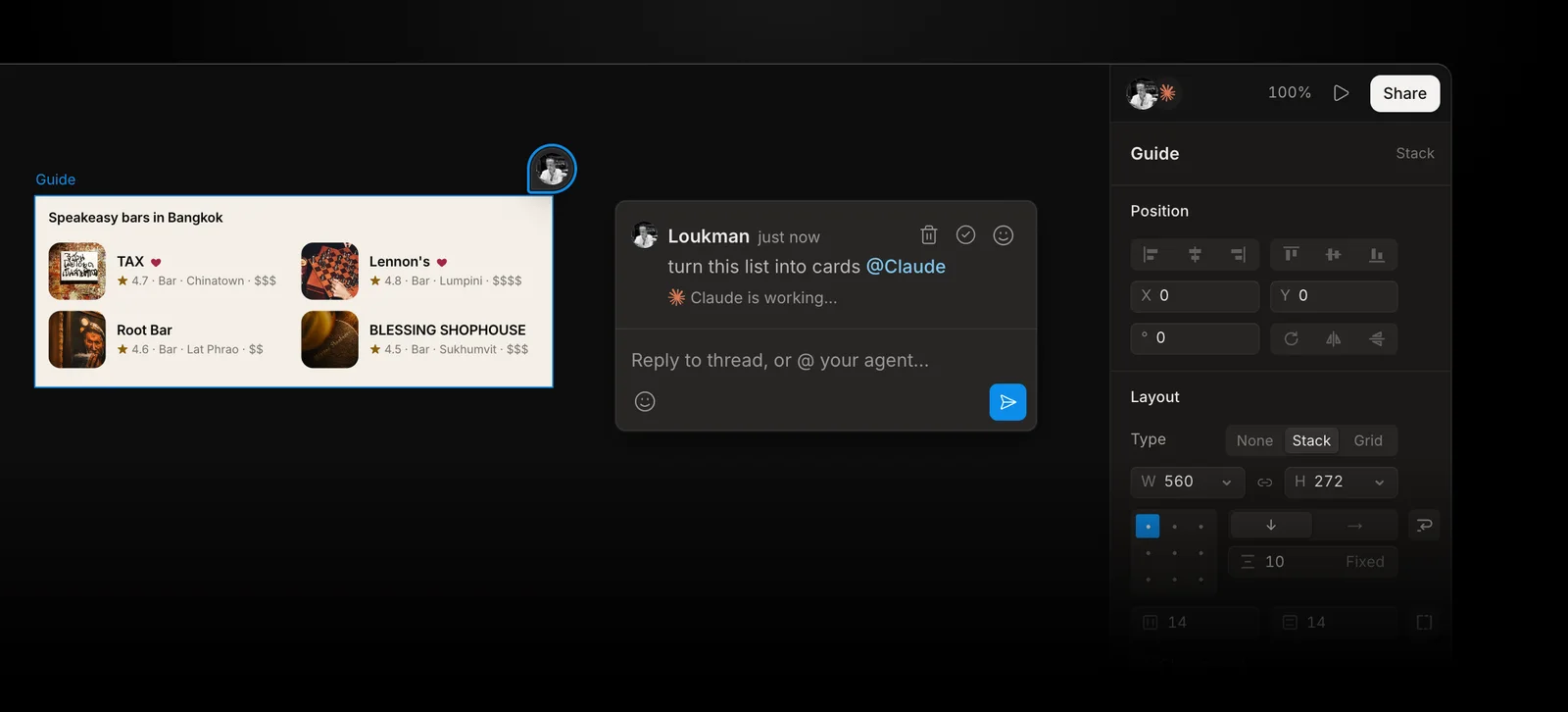 A comment pinned to a frame in Kite that says “turn this list into cards @Claude”, with the status “Claude is working” under it