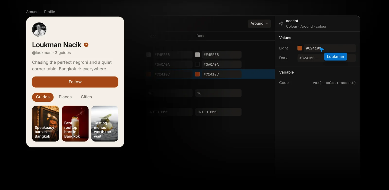 A profile card in Kite beside the design system's colour variables, with the accent colour's light and dark values open