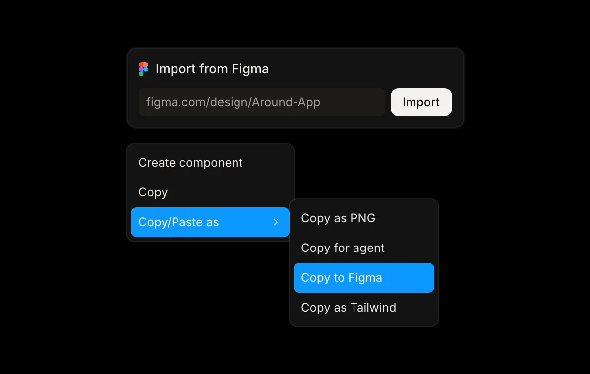 Kite's Import from Figma box with a Figma link, and the right-click menu open on Copy/Paste as → Copy to Figma