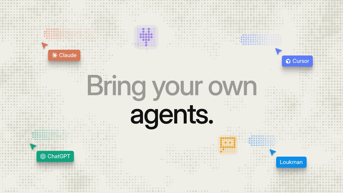 Cursors labelled Claude, ChatGPT, Cursor and Loukman around the words “Bring your own agents.” on a dotted sand background