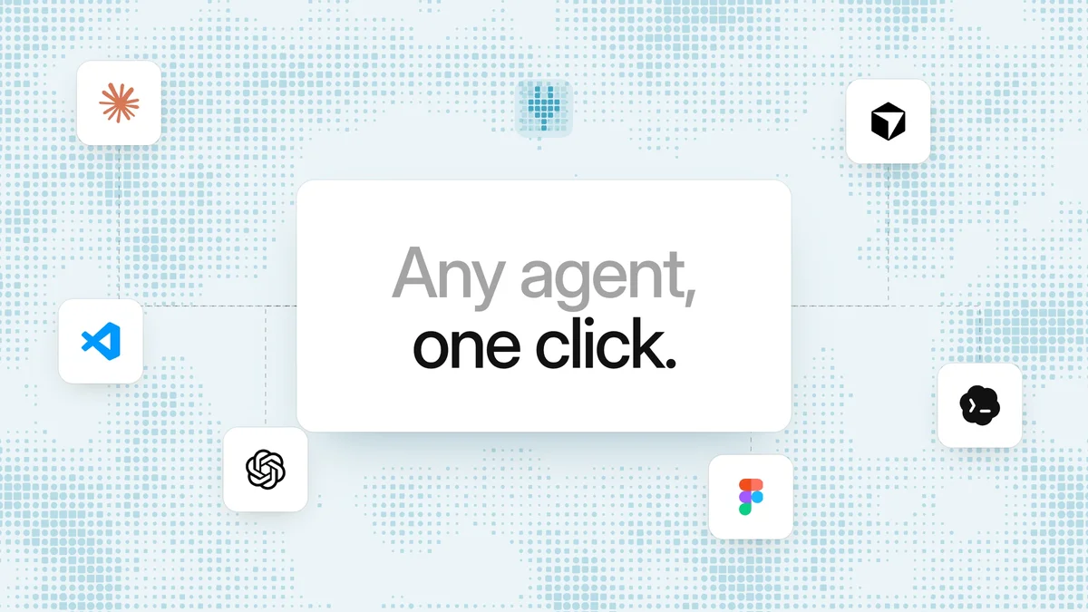 The words “Any agent, one click.” on a white card, ringed by the Claude, Cursor, ChatGPT, VS Code and Figma icons on a pale blue dotted background