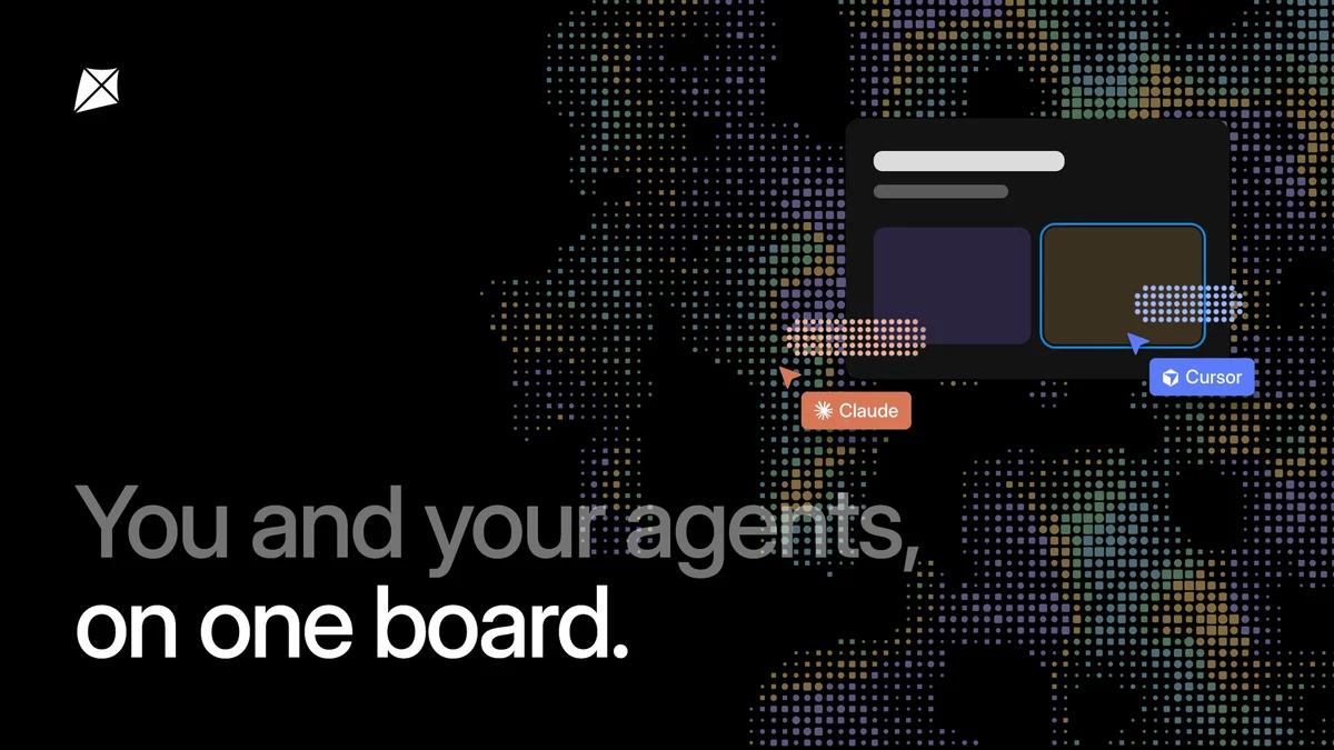 The words “You and your agents, on one board.” on black, beside a dotted editor window with Claude and Cursor pointers