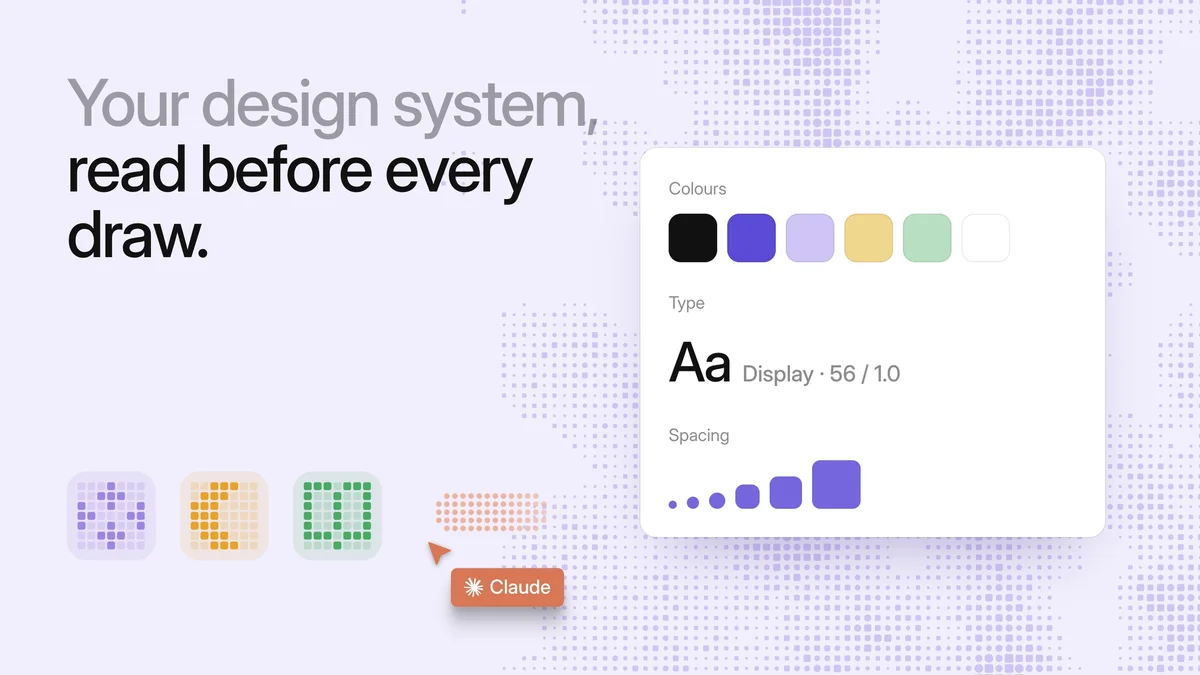 The words “Your design system, read before every draw.” beside a panel of colours, type and spacing on a lilac dotted background