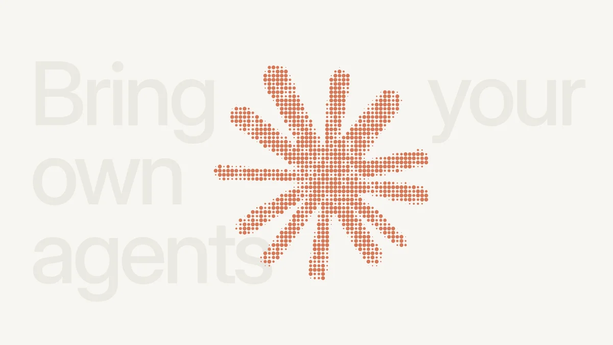 A large orange starburst drawn in dots over the faint words “Bring your own agents” on a light background